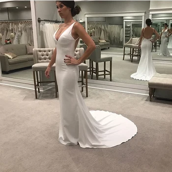 

2019 New White Ivory Vestido De Noiva Mermaid Style Sexy V-neck Open Back Chapel Train Satin Bridal Dresses Wedding Dresses New