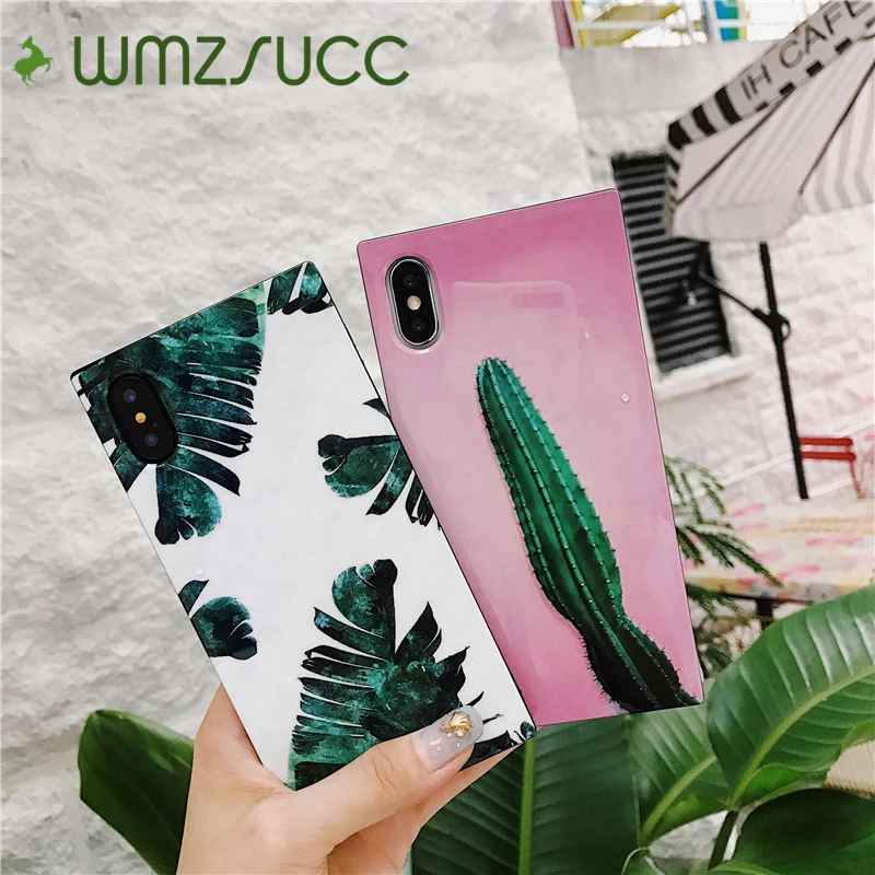 WMZSUCC Cactus Banana Leaf Print Square Angle Tempered Glass Phone Case For iPhone X 6 Full Cover for 8/ 6S 7 Plus |