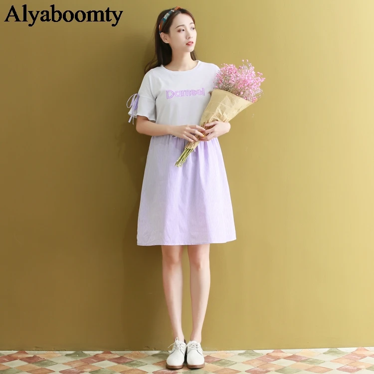 

2019 Japan Style Summer Vestidos De Verano White Purple Letter Print Striped Casual Dress Short Sleeve Lace Up Sweet Korea Dress