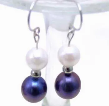 

SALE 6-7mm Black / White Natural SALTWATER PEARL Dangle Earring with white gold-ear182 wholesale/retail Free shipping