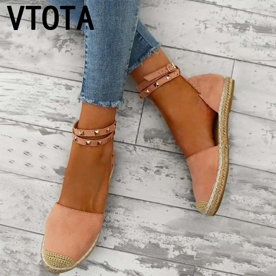 

VTOTA Women Sandals Flats Ankle Strap Shoes Summer Suede Sandals Rivet Shoes Woman Sandles Femme 2018 Large Size 43 Shoes K93
