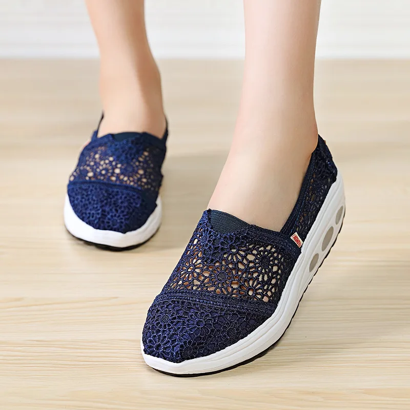 Women Flats Casual Shoes Light Weight Lace Hollow Out Thick Bottom Summer Spring Shoes Solid Color Lady Loafers Wedge Shoe 35-40