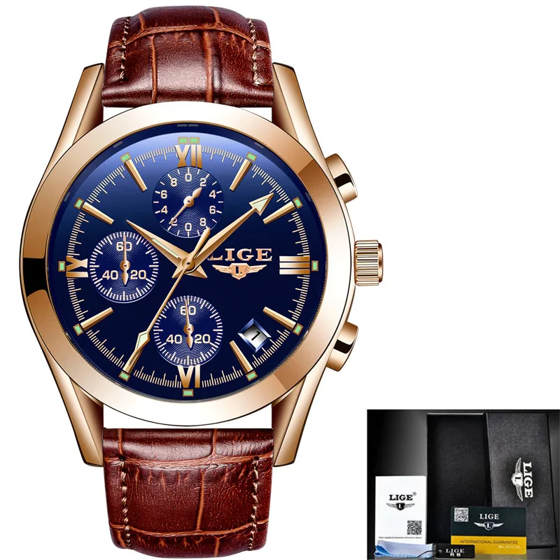 Gold blue L Relogio Masculino LIGE для мужчин s часы лучший бренд класса люкс мужская мода Бизнес водонепроницаемые кварцевые часы для мужчин повседневные кожаные часы - Цвет: Gold blue L