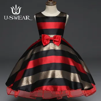 

U-SWEAR 2019 New Arrival Kid Flower Dresses O-Neck Sleeveless Bow Stripe Ball Gown Lace Side Girls Pageant Dresses Vestidos