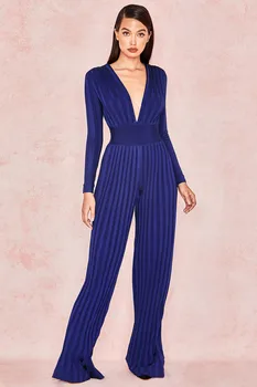 

High Quality Deep Blue Long Sleeve V-neck Rayon Bandage Jumpsuit Sexy Evening Party Jumpsuit