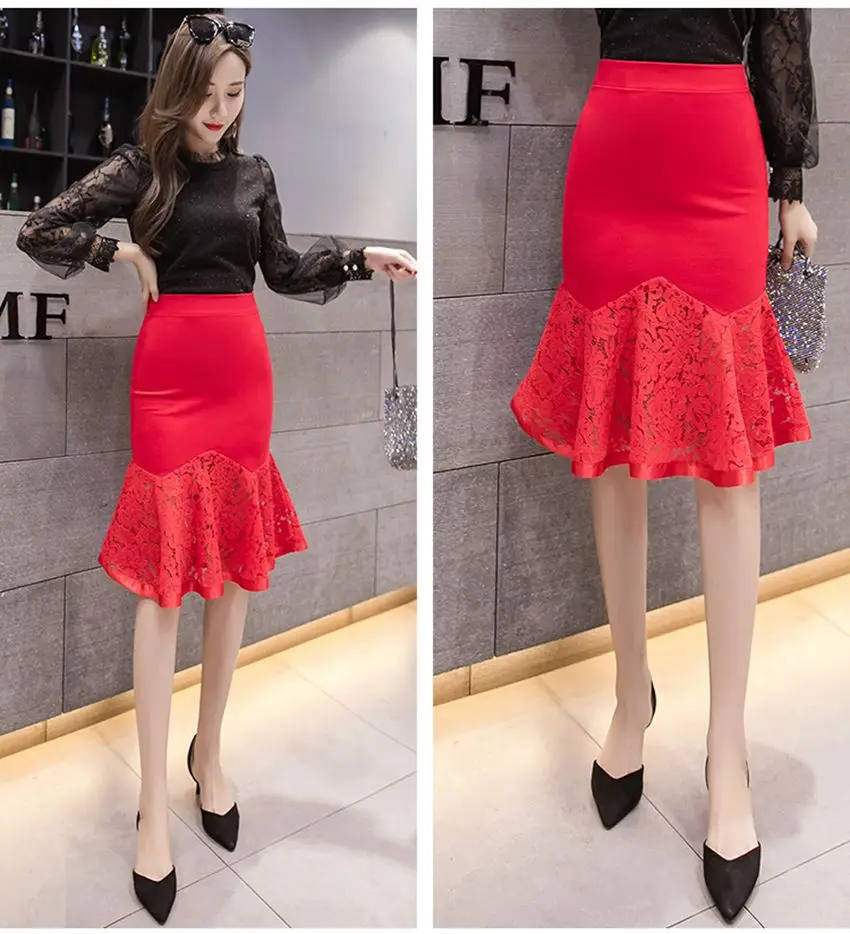 SEXMKL размера плюс кружевная Лоскутная красная юбка элегантная женская юбка с высокой талией Корейская женская уличная одежда Jupe Femme юбки для вечеринок