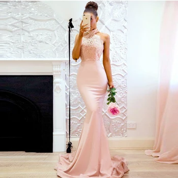 

Pretty Pearl Pink Lace Mermaid Honor Of Maid Dress Appliques Halter Off Shoulder Sexy Long Bridesmaid Dress Formal Party Dress