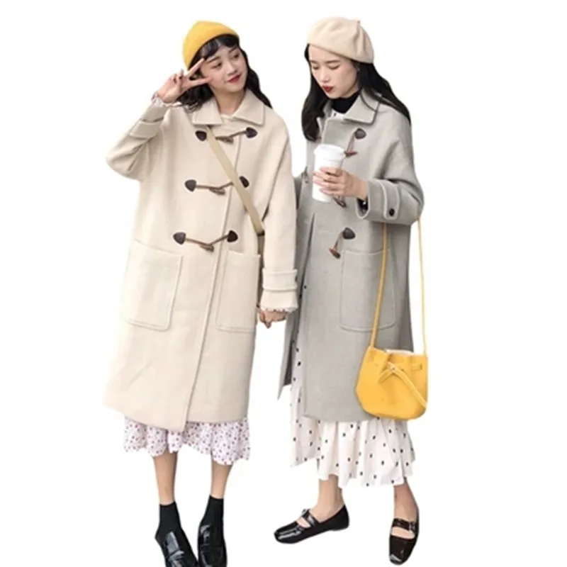 

Winter Women's Long Section Hepburn Horn Buckle Quilted Thick Woolen Coat Loose Student Wool Coat