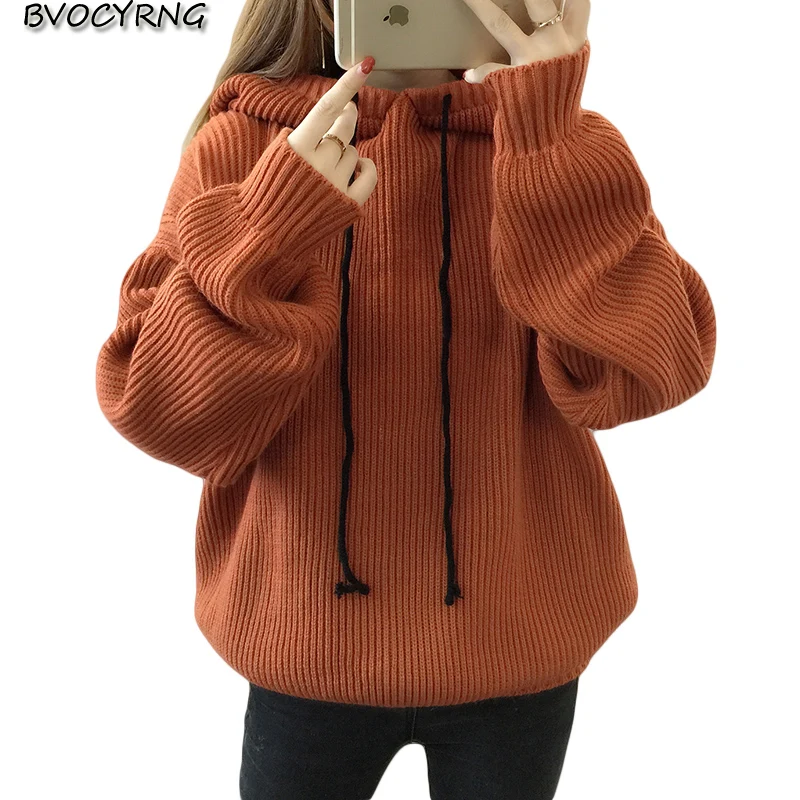 2019 New Hooded knitting Sweater Long Loose Women Sweater Female Autumn and Winter Coat Warm Knitted pullover tops Girls A0066