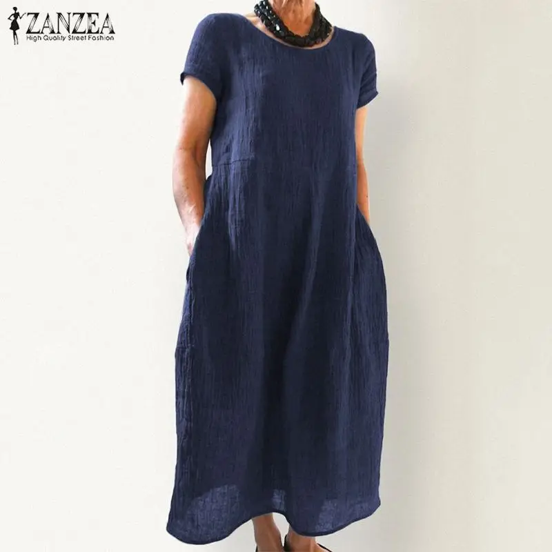 

Women's Linen Sundress Short Sleeve Tunic Vestidos ZANZEA 2019 Summer Casual Mid-Calf Dress Female Pleated Shirt Robe Plus Size