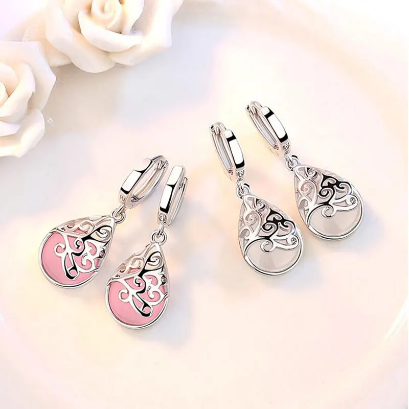 Beiver-Pink-White-Cat-s-Eye-Stone-Water-Drop-Earrings-for-Women-White-Gold-Jewelry-Ladies