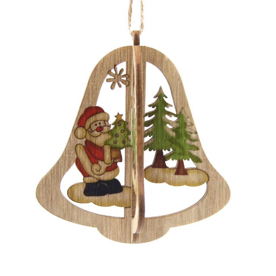 3 набора, 3D креативные рождественские деревянные подвески, украшения, сделай сам, звезда и сердце, деревянные поделки, рождественские украшения, елочные украшения, детские подарки - Цвет: Bell Santa