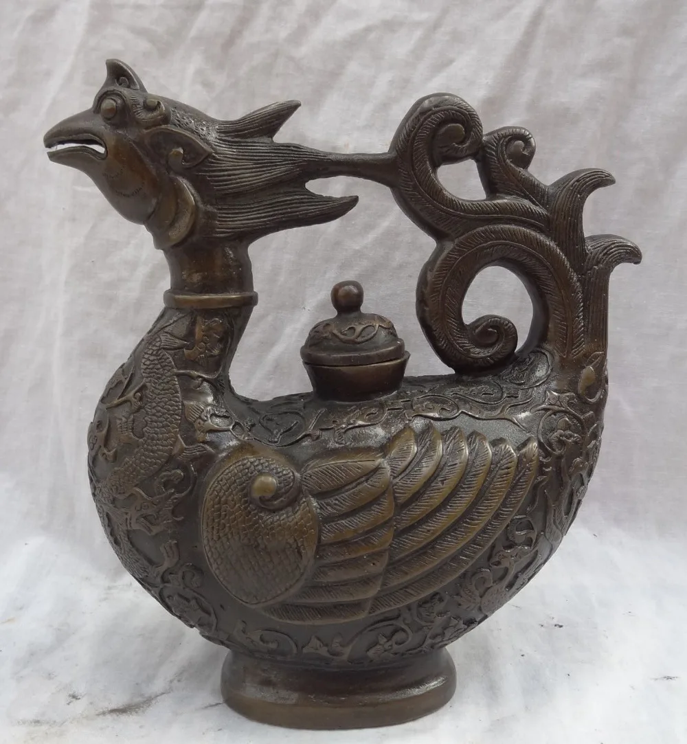 

Collectible Decorated Old Handwork chinese copper Carved Phoenix Teapot statue Wine Pot fast shipping