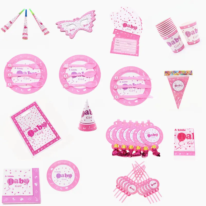 

Baby girl pink party decoration plate cup napkin tablecloth plate Christmas baby shower birthday party supplies home decoration