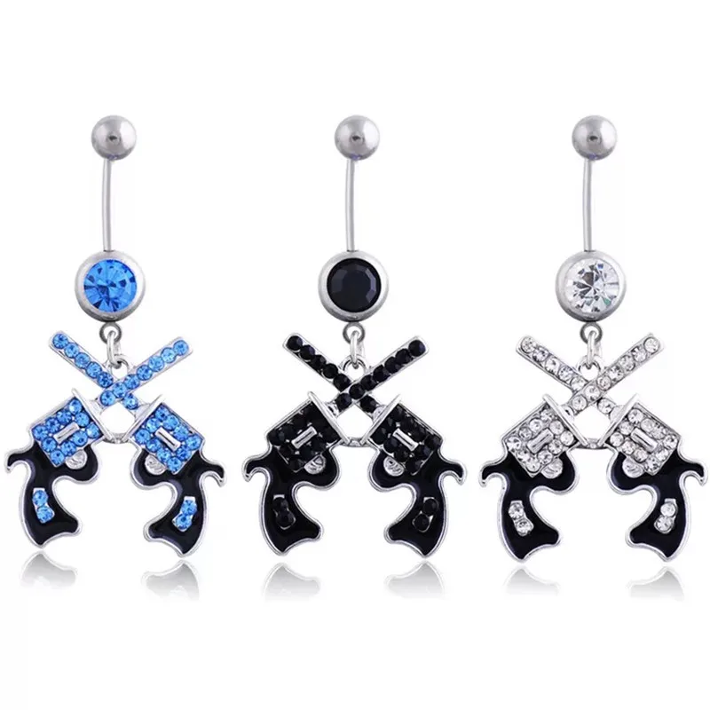 New Surgical Steel Double Guns Navel Rings Set Crystal Navel Bars