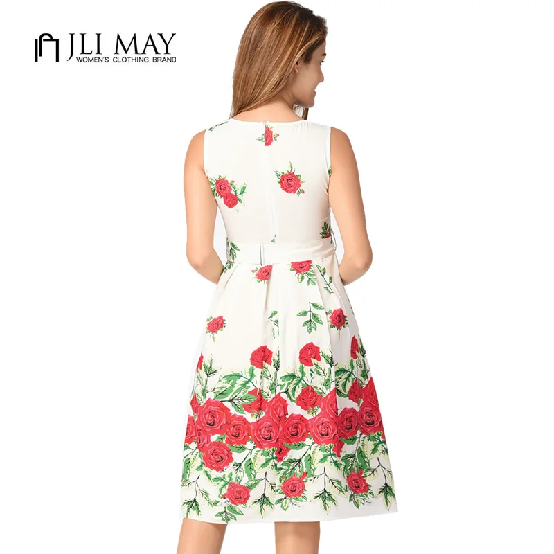Jli may лето винтаж печати dress женщины элегантный партия цветочные поясом fit flare v