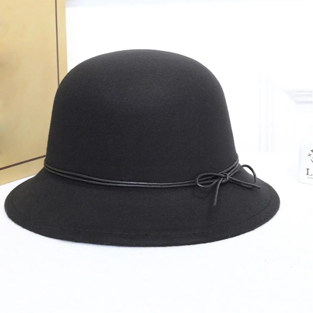 Модная женская шерстяная фетровая шляпа с широкими полями и поясом, корейская мода, элегантная шляпа с бантом, gorras mujer# pingyou - Цвет: Black