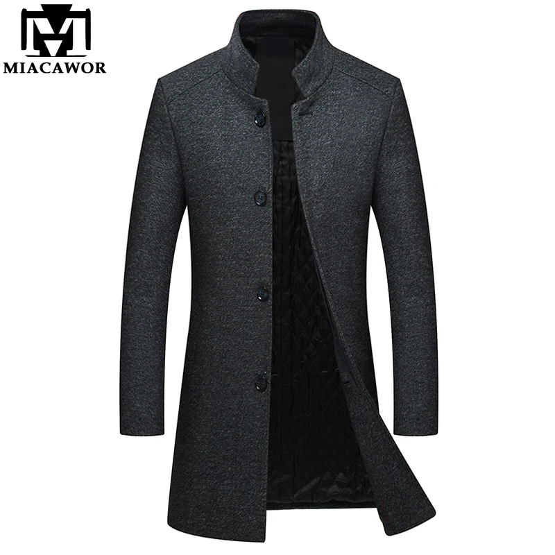 

MIACAWOR New Men Trench Coat Thick Long Woolen Overcoat Fashion Stand Collar Jackets Coats Jaqueta Masculina J530