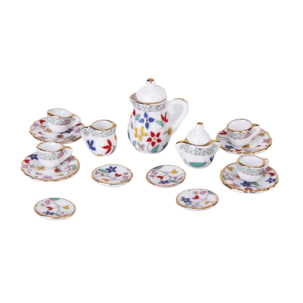 15 Pieces Dollhouse Miniature Porcelain Tea Set for 1/12 Doll House Accessories Flowers Printed Mini Dining Ware 