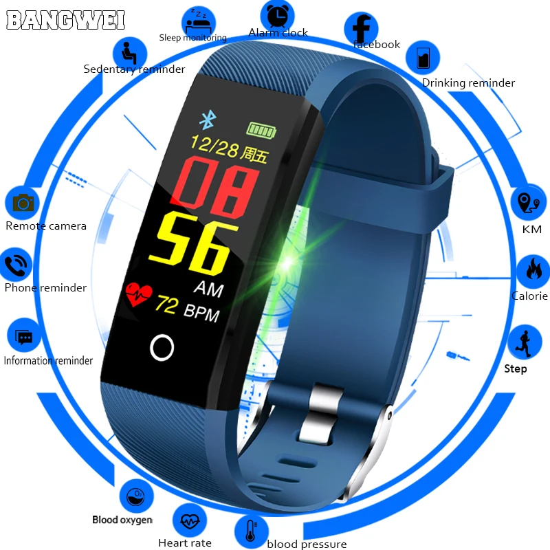 

BANGWEI smart sport bracelet IP67 waterproof fitness blood pressure heart rate monitor pedometer information reminder smartwatch