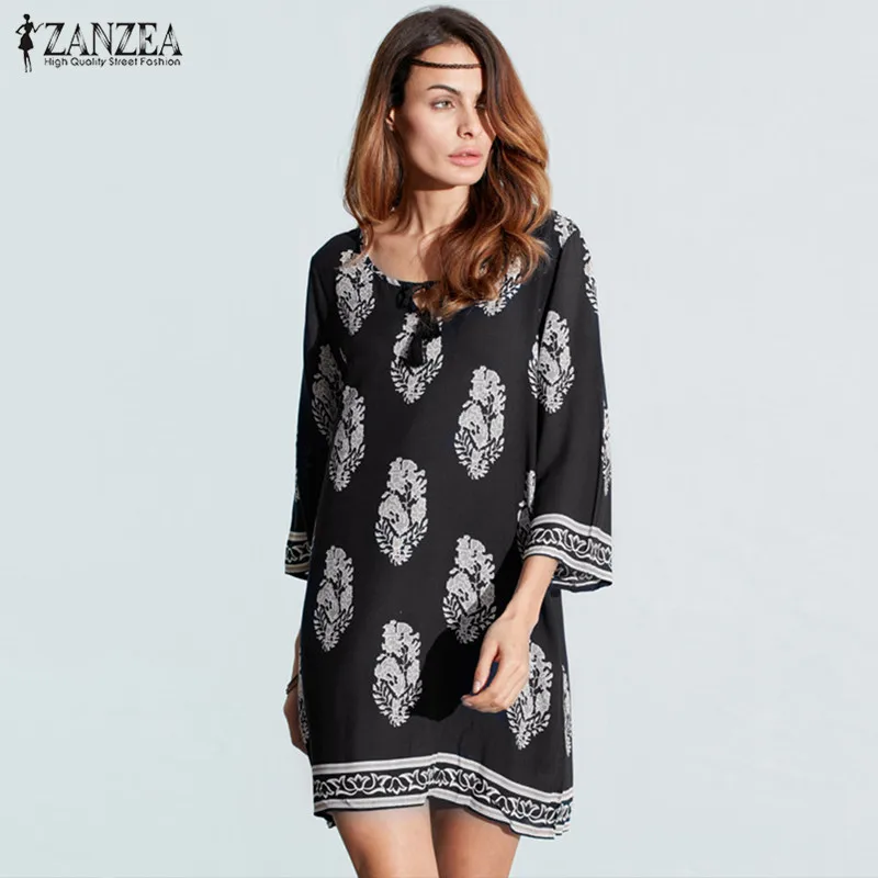 ZANZEA 2019 إمرأة الزهور طباعة 3/4 كم ريترو الدانتيل متابعة V الرقبة شرابة فضفاضة عارضة الشاطئ حزب قصيرة البسيطة اللباس زائد حجم