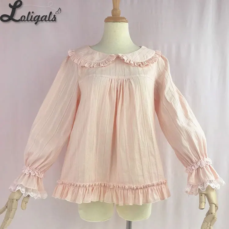 

2018 Women's Lolita Cotton Blouse Pink Peter Pan Collar Ruffled Top