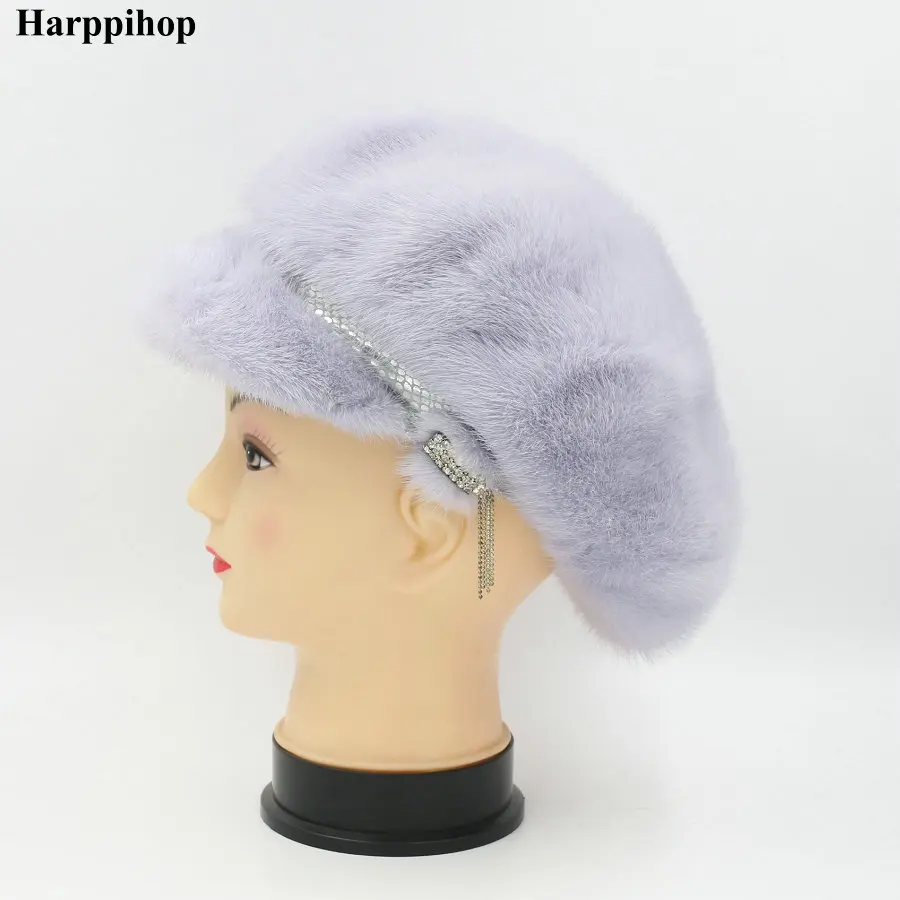 Натуральная норковая меховая шапка для женщин Зимняя импортная вся норковая шапка цветочный узор русский высококлассный роскошный Женская шапка - Цвет: blue
