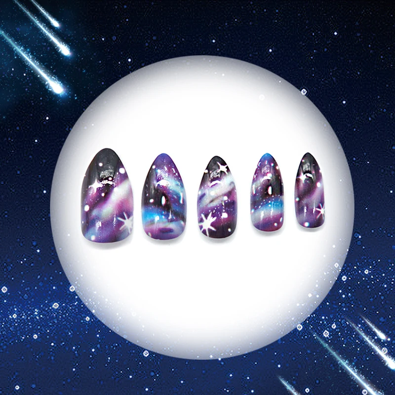 

Nail Art Tips 24Pcs/set Galaxy and stars Designs False Nails with Glue French Stiletto Artificial Tips Nails for Girls DIY