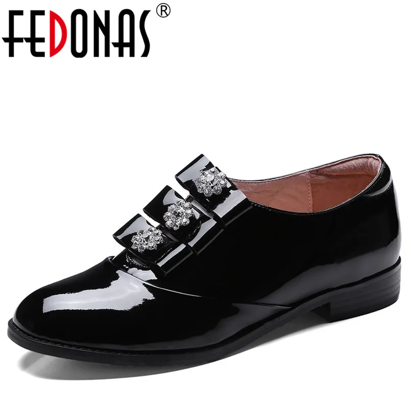 FEDONAS Women Patent Leather Pumps High Heels Genuine Leather Shoes Woman Daily Shoes Rhinestone Buckles Office Shoes Woman  