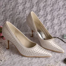 Wedopus Hot Selling Pointed High Heels Pumps for Wedding with Rhinestone Off-white Satin