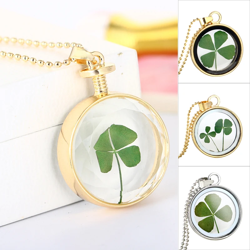 

Lucky Four Leaf Clover Shamrock Real Flower Necklace Fashion Girl's Summer Jewerly Women Necklaces