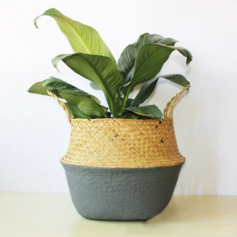 

Hanging Rattan Flower Pot Basket Handmade Storage Baskets Foldable Wicker Rattan Seagrass Belly Garden Planter Straw Basket