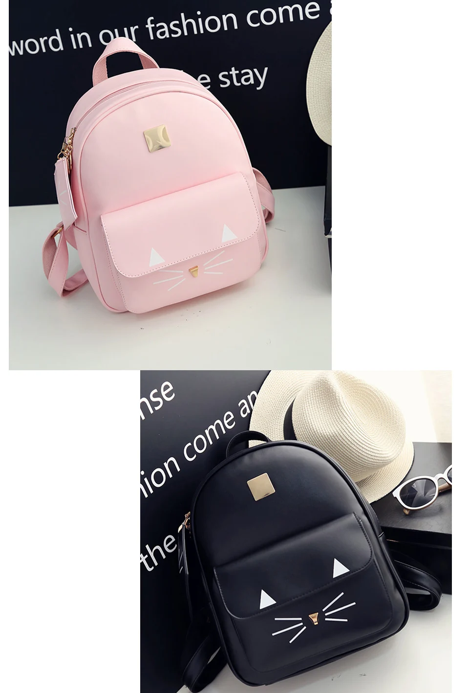 Женские Мини рюкзаки из искусственной кожи с милым принтом кота, школьные сумки для девочек-подростков, маленькие розовые рюкзаки, Mochilas Mujer