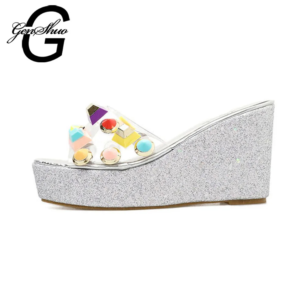 

GENSHUO Summer Sandals Platform Wedges Women Slippers Rivets Flip Flops Hot Bohemian Summer Women Sandal Gold Silver Size
