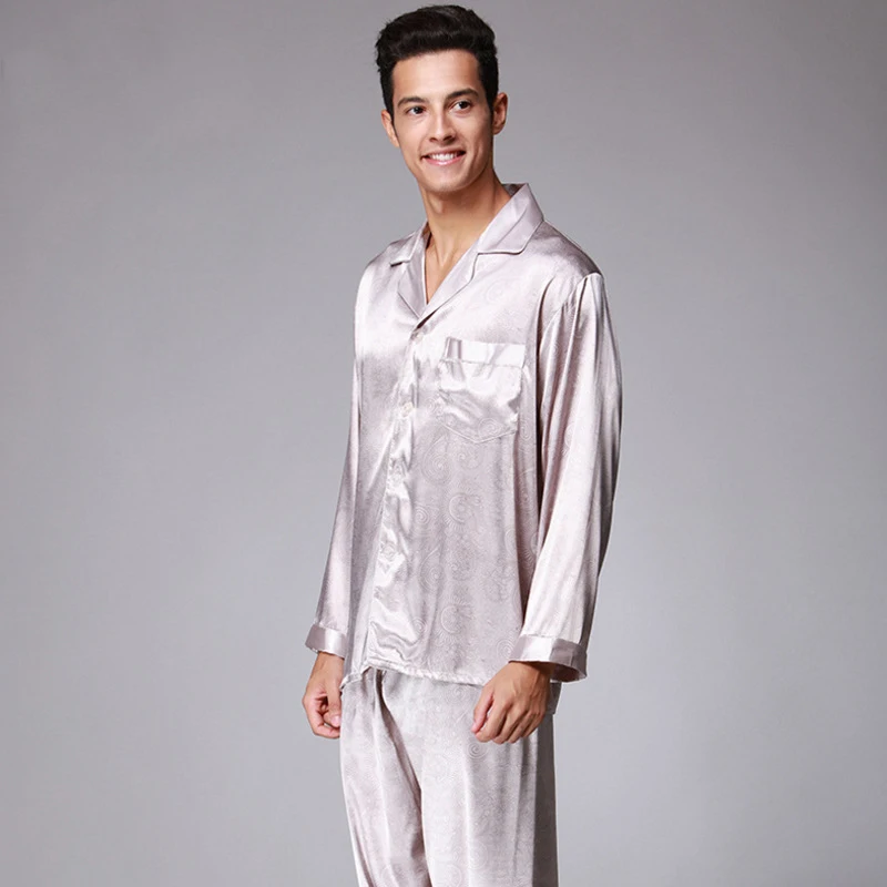SSH006, Мужская атласная Шелковая пижама, серый, верблюжий, полная длина, ночное белье, халат, одежда для отдыха, пижама, домашняя одежда, мужской пижамный комплект