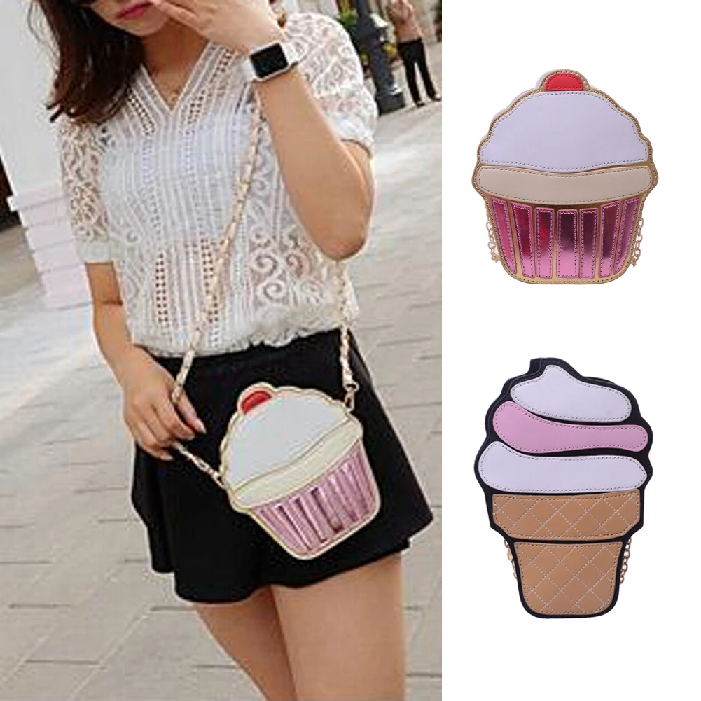 2018 Cartoon Cupcake Women Ice Cream Pattern Bag Lady Mini Leather Chain Clutch Crossbody Bag Girl Shoulder Cute Messenger Bag