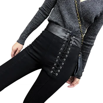 

Jeans Women Lace-Up High Waist Ankle-length Pants 2019 New Korean Style Black Slim Pencil Jeans for Female