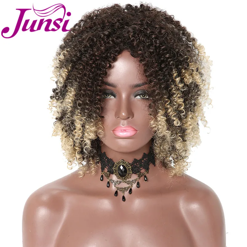 Sintéticas para Mulheres Perucas com Franja Junsi Curto Afro Encaracolado Perucas Ombre Dourado Natural Cosplay Party