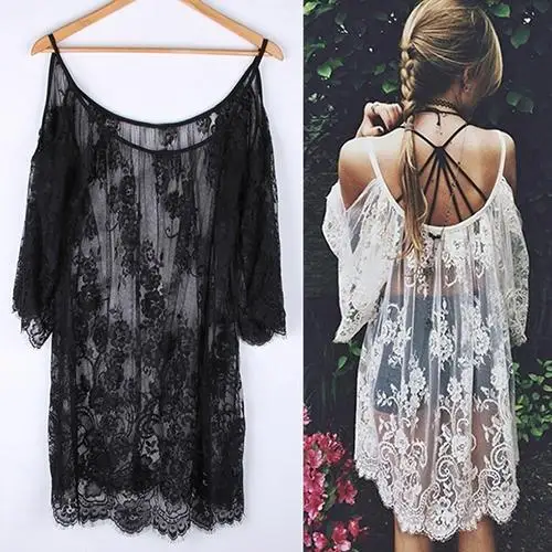 

Women Summer Beach Sexy Boho Off Shoulder Floral Lace Hollow Top Cover