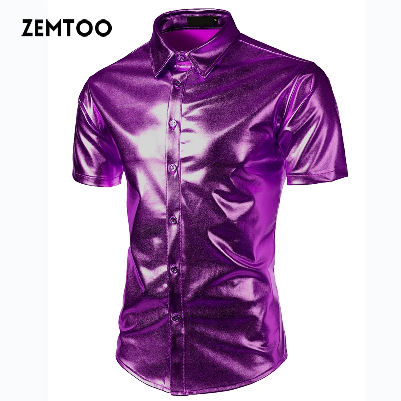 Zemtoo Для мужчин s рубашка ночной клуб Стиль рубашка вечерние блестящие короткий рукав ткань Летняя мода Для мужчин s рубашка Повседневное Slim