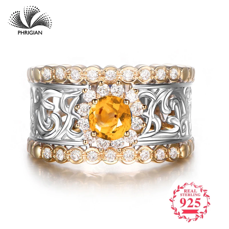 

NOT FAKE Fine natural Engraving Sterling silver gemstone round cut ring boutique custom jewelry 925 carat Yellow Citrine RING