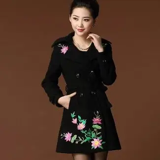 

Winter National Coat Women's Long Sleeve Turn Down Collar Flower Embroidery Long Woolen Blends Coat