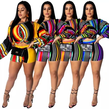 

new fashion colorful striped printed shorts and top women 2 piece set geometric full sleeve tshirts top