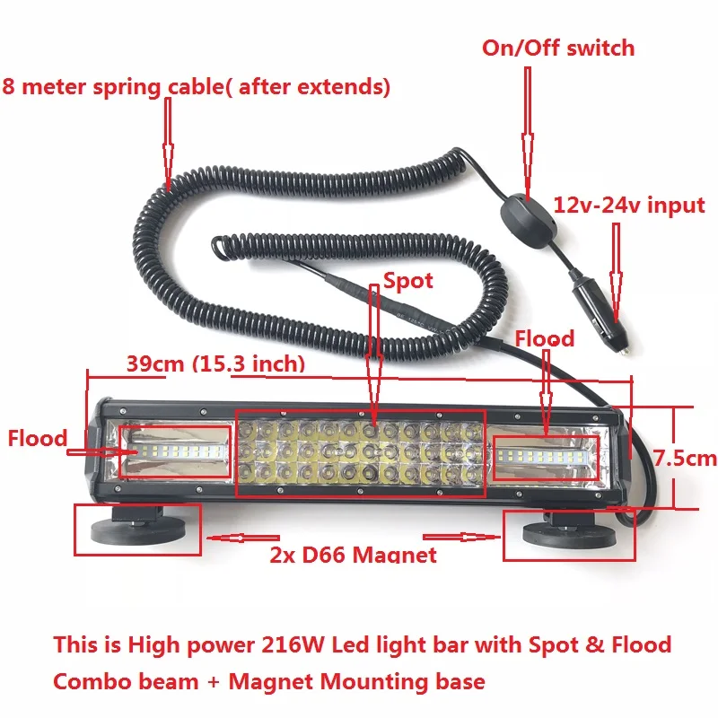 216W Led комбинированная световая панель+ 8 м пружинный кабель+ 12 v-24 v Cigar светильник er вилка+ магнит монтажное основание для автомобилей Грузовик ATV для бездорожья Led дальнего света