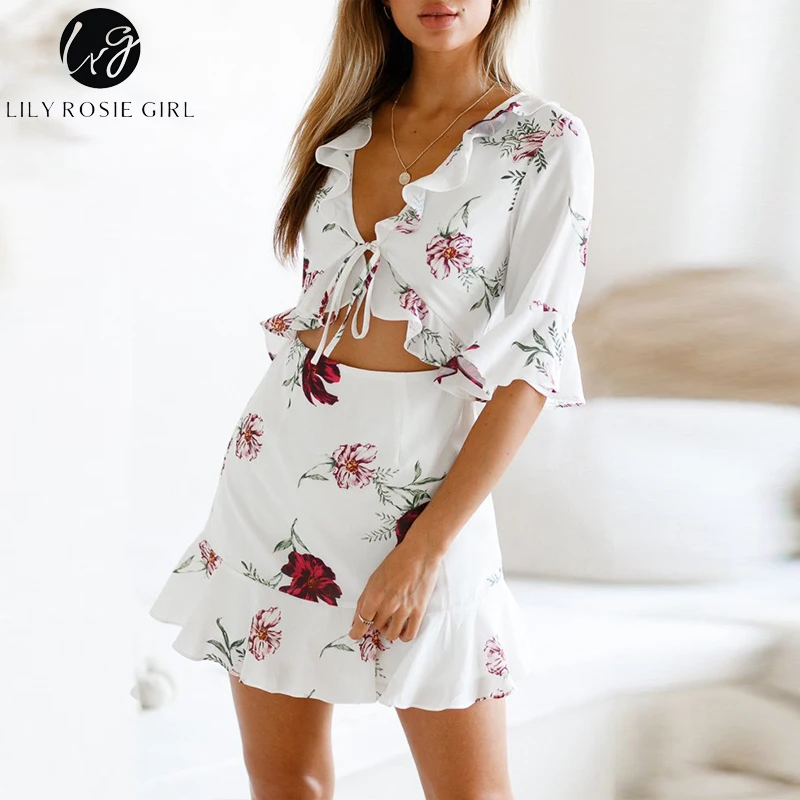 Lily Rosie/белое платье с оборками короткий рукав клеш женское мини Vestidos сексуальное v