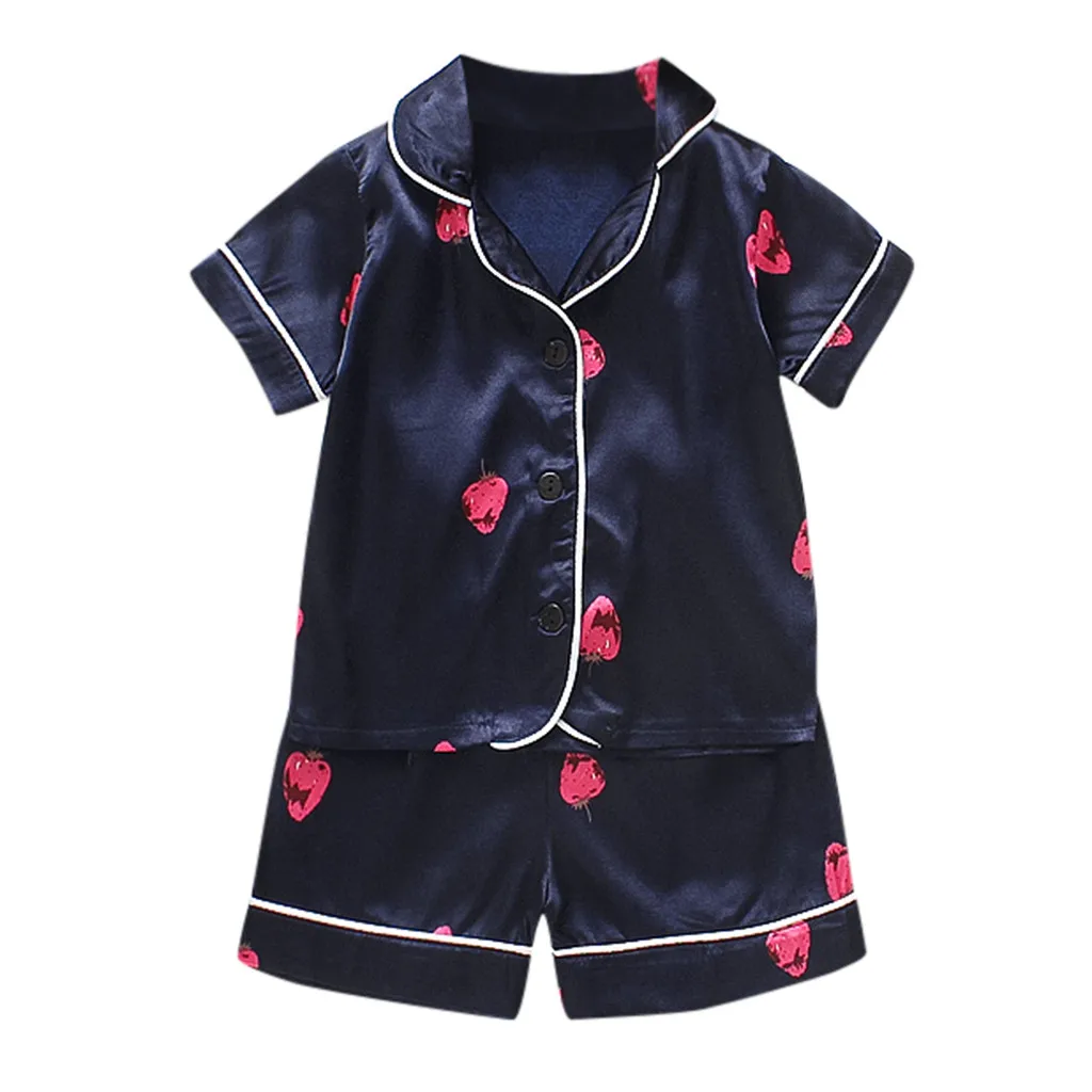 Одежда для сна с принтом клубники; летняя Пижама с рисунком для маленьких мальчиков и девочек; футболка; шорты; одежда; Se(темно-синий цвет