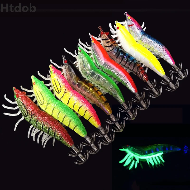 

Htdob 5Pcs/set Fishing Lure Shrimp Prawn Squid jigging Artificial Lure Noctilucent with Squid Jigs Hook 3.5#