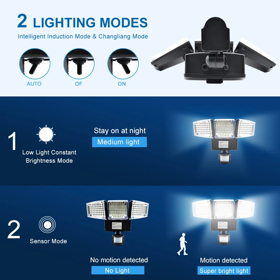 188 светодиодный светильник на солнечной батарее с тройной головкой, датчик движения PIR, лм, открытый активированный прожектор, солнечный светильник, водонепроницаемые солнечные лампы