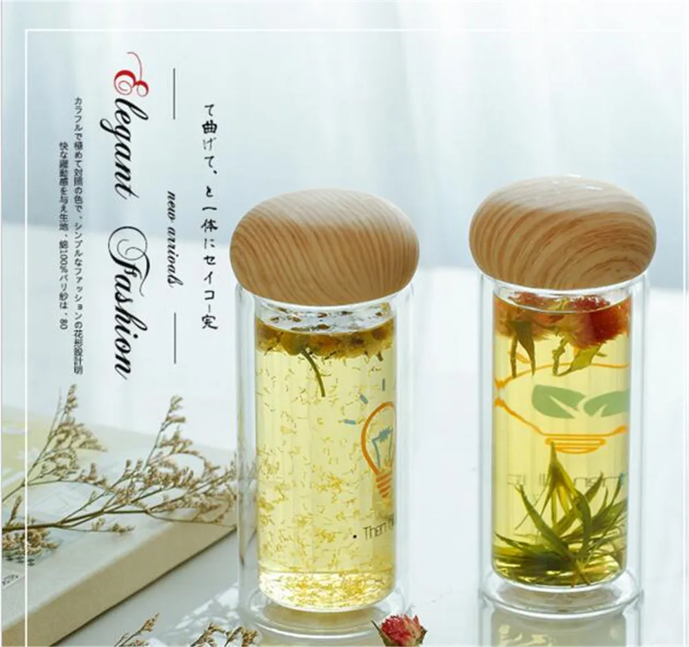 Glass Water Bottle Brief Water Bottle With Wood Lid Eco-friendly Tumbler Direct Drinking Double Glass Gift Water Tumbler A1993c