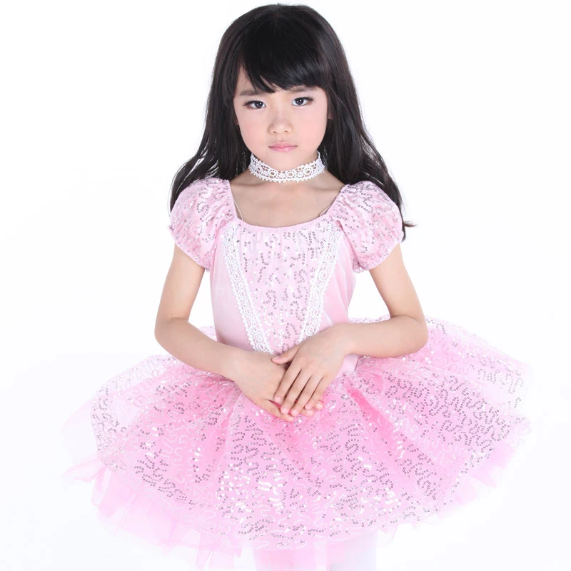 Clearance Sale Puff Sleeve Ballet Tutu Dress For Girls Pink Sequin